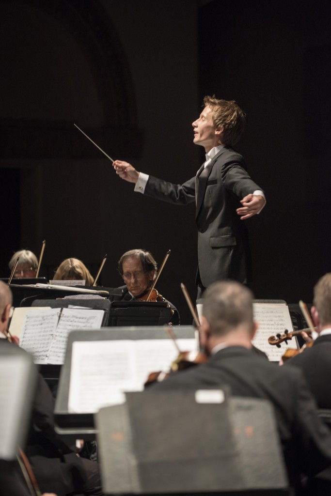 Scott Seaton, Conductor/Music Director (center) leads the North State Symphony in their performance of Rumba To Ravel at Laxson Auditorium on Saturday, September 24, 2016 in Chico, Calif. (Jason Halley/University Photographer)