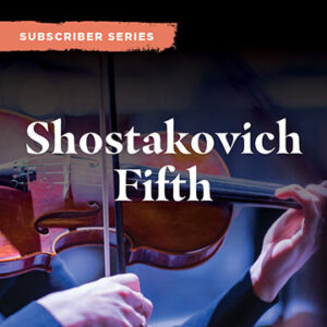 The words Shostakovich Fifth over an image of someone playing a violin