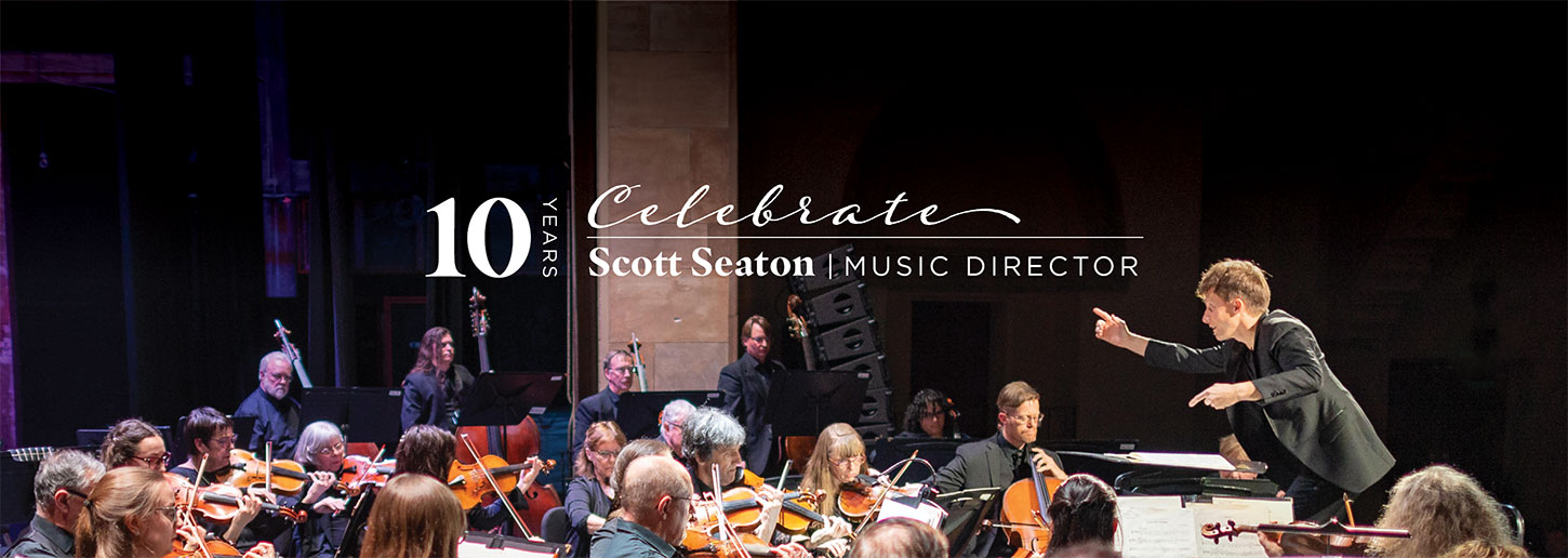 The words 10 years celebrate Scott Seaton Music Director